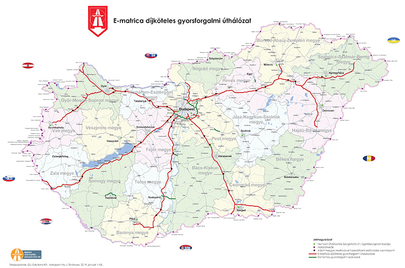 A pirosan jelzett utak, illetve útszakaszok díjkötelesek Magyarországon 2019-ben